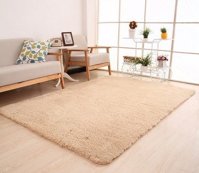 Beige rug in a living room with a couch and decorative items.