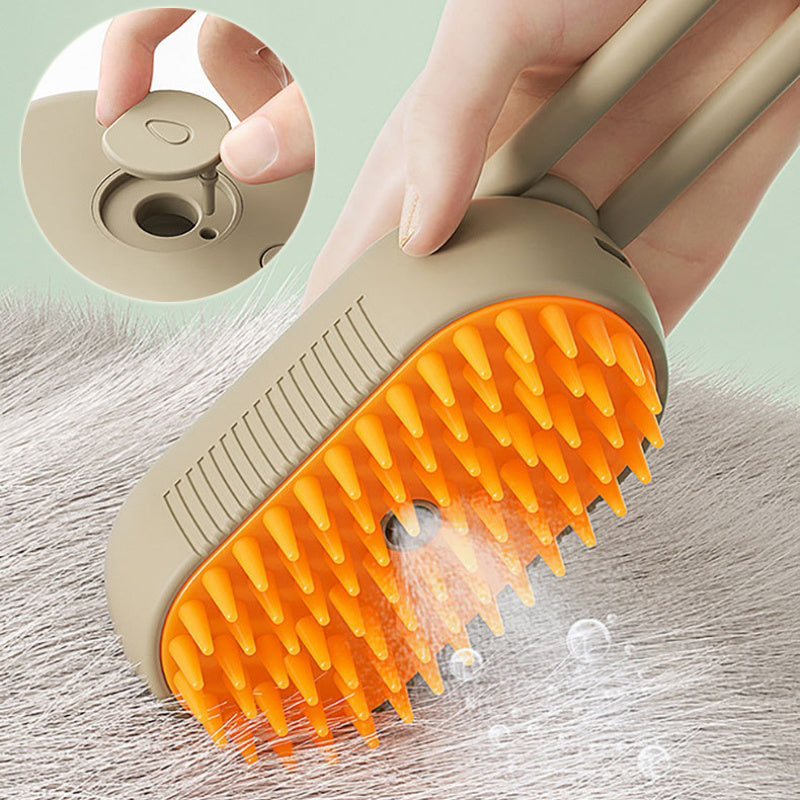 Pet grooming brush with orange bristles being used on a surface, inset showing a close-up of the brush head.