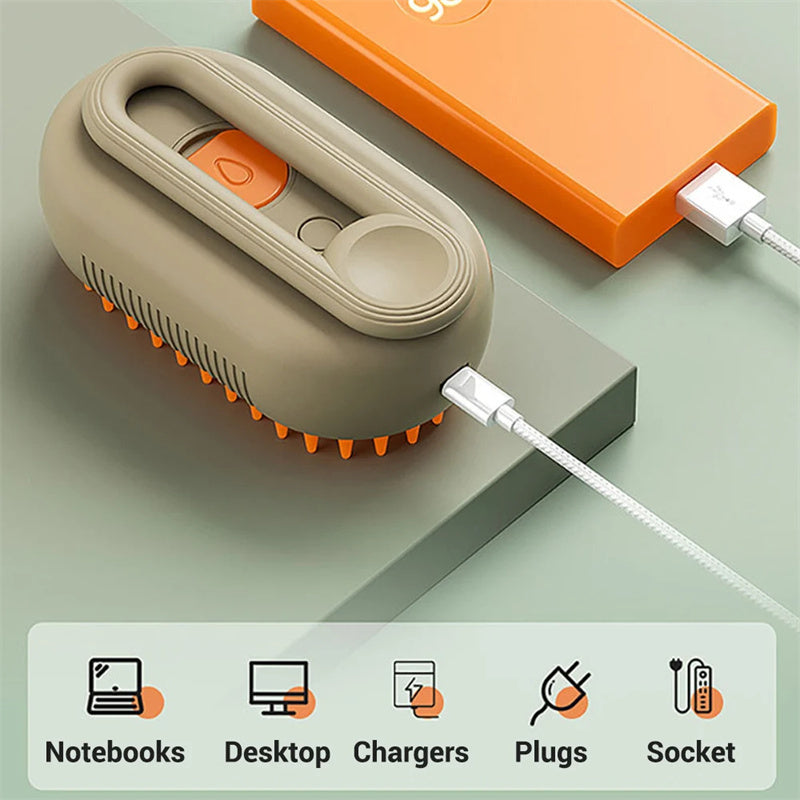 Small handheld device with orange accents connected to a power source on a light green background.
